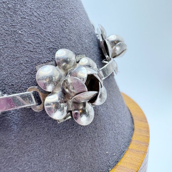 VTG Sterling Silver 925 Puffed Flower Design Link Bracelet Size 7.5" Length - Picture 6 of 11